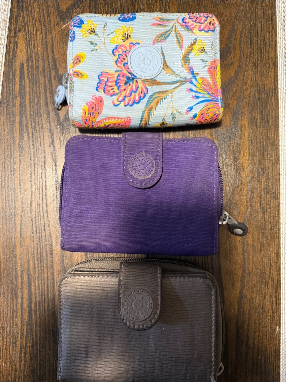 Kipling Purple Compact Nylon Wallet with Floral and Gray Wallet Trio